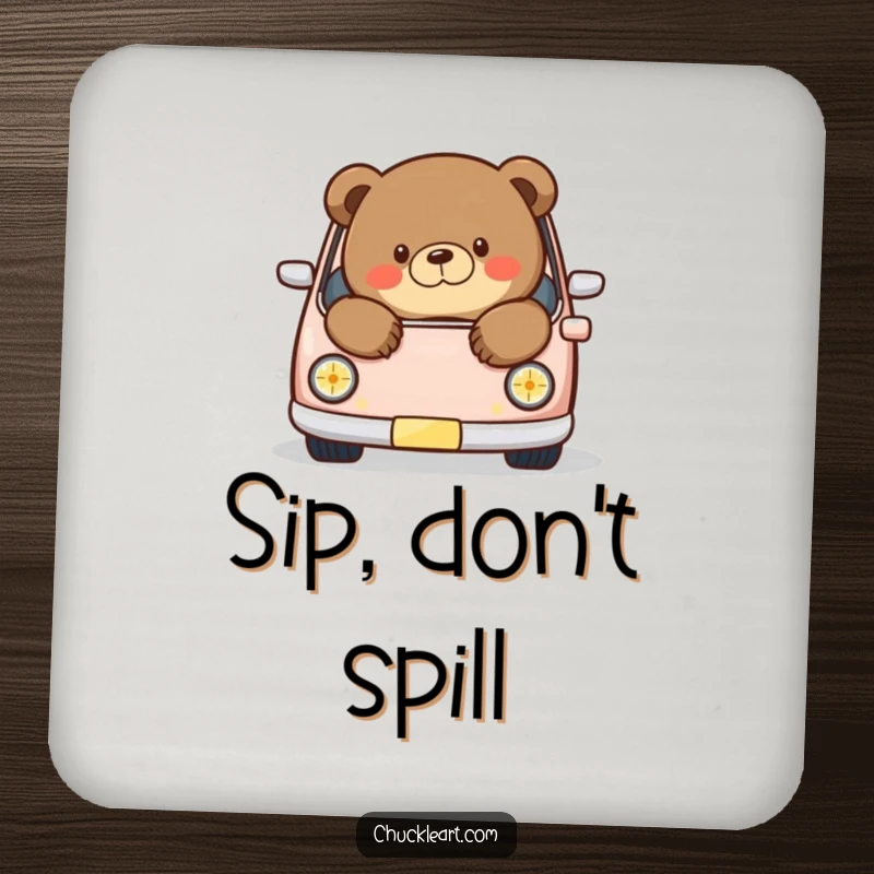 Funny coaster depicting a chubby bear humorously spilling out of a miniature car, protecting surfaces with a dose of bear-sized charm.