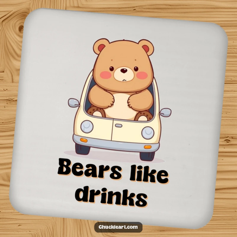 Funny chubby bear comically tries to fit in a miniature car, spilling out, on coasters, perfect for a funny gift.