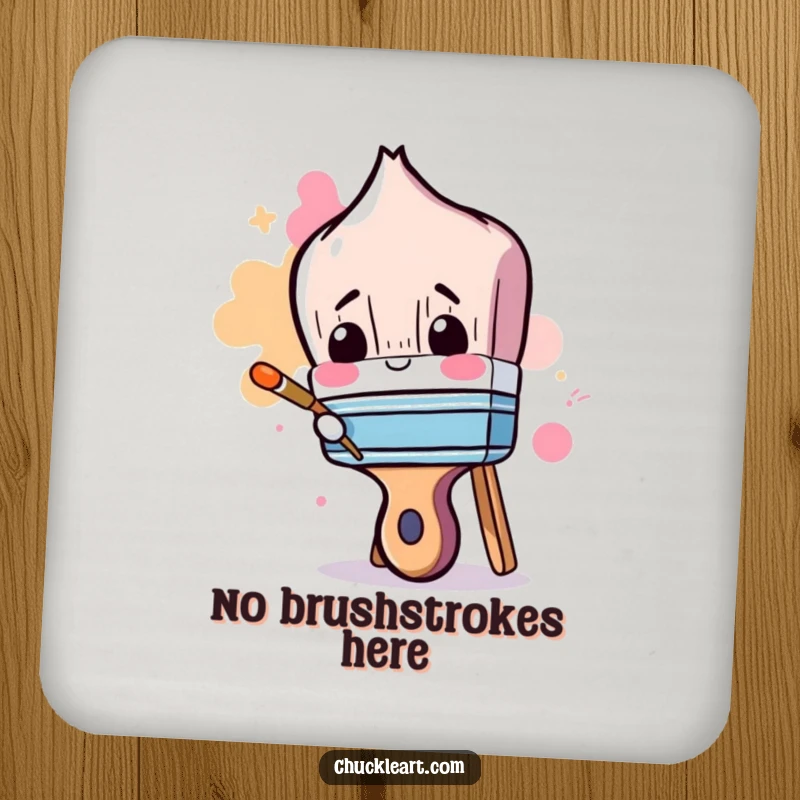 Funny drink coaster featuring a clumsy paintbrush attempting to paint its own handle, protecting surfaces.