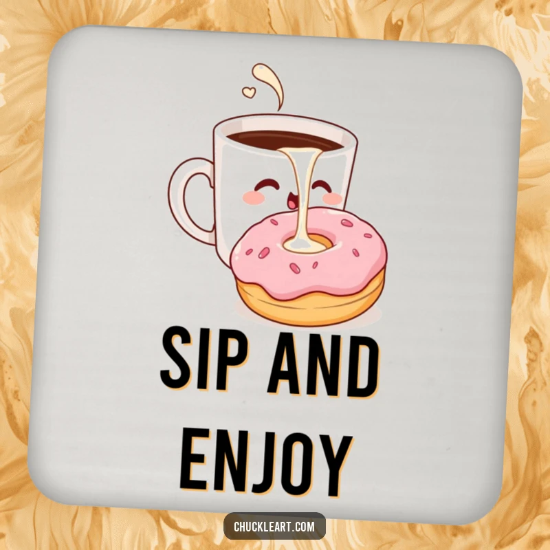 Funny coaster with a winking coffee cup pouring milk into a surprised donut, a charming drink accessory.