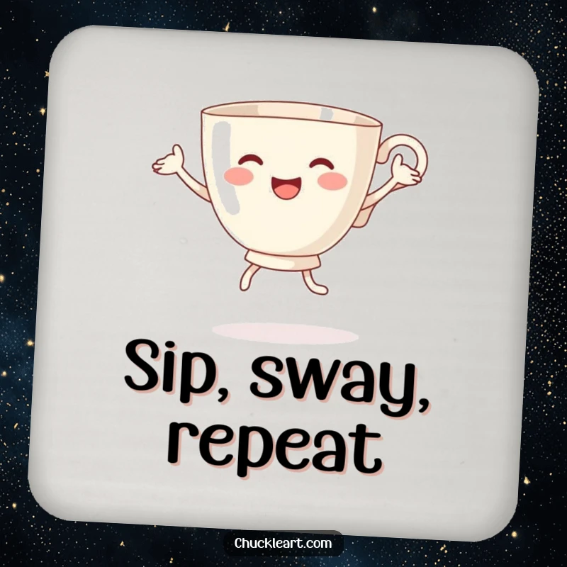 Funny drink coaster with a teacup with arms and legs joyfully performing a silly dance, adding a touch of whimsy.