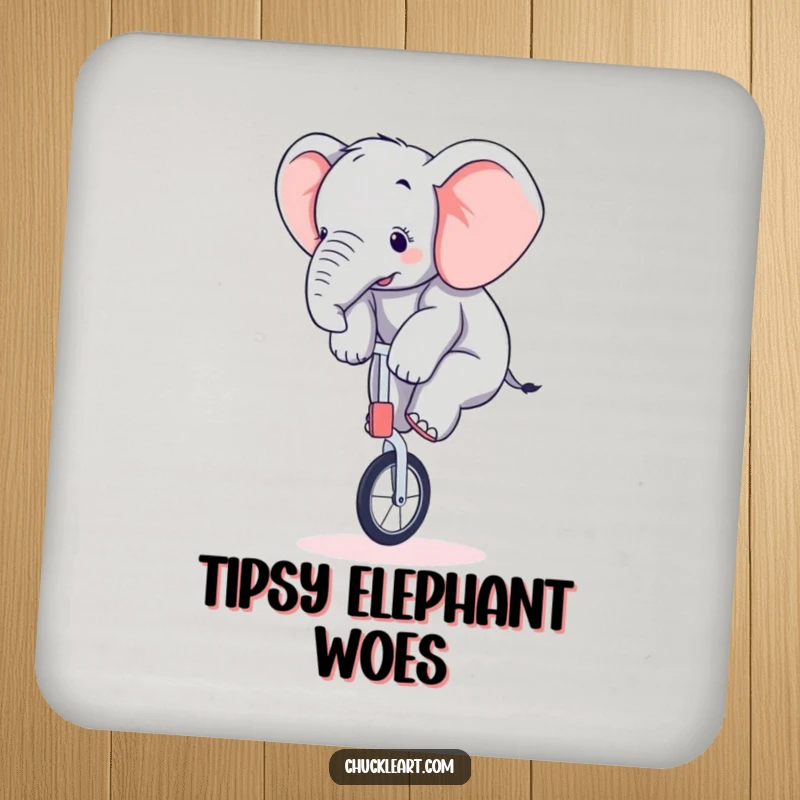 Funny elephant coaster featuring a clumsy baby elephant attempting to balance on a tiny unicycle, protecting surfaces with humor.