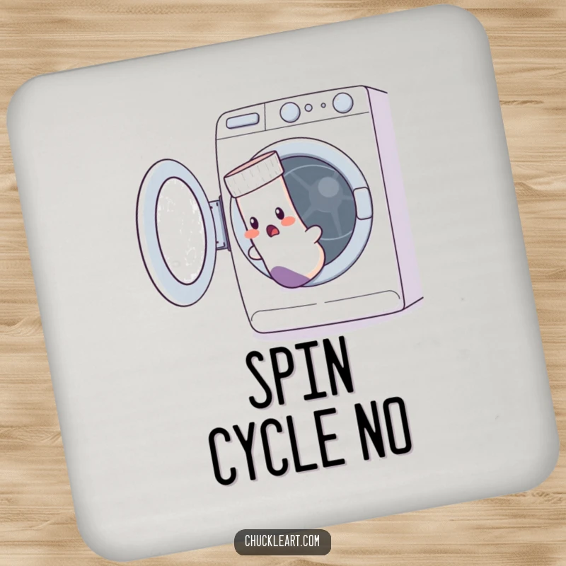 Funny coaster showing a startled sock with a hole escaping a washing machine, a humorous drink accessory.