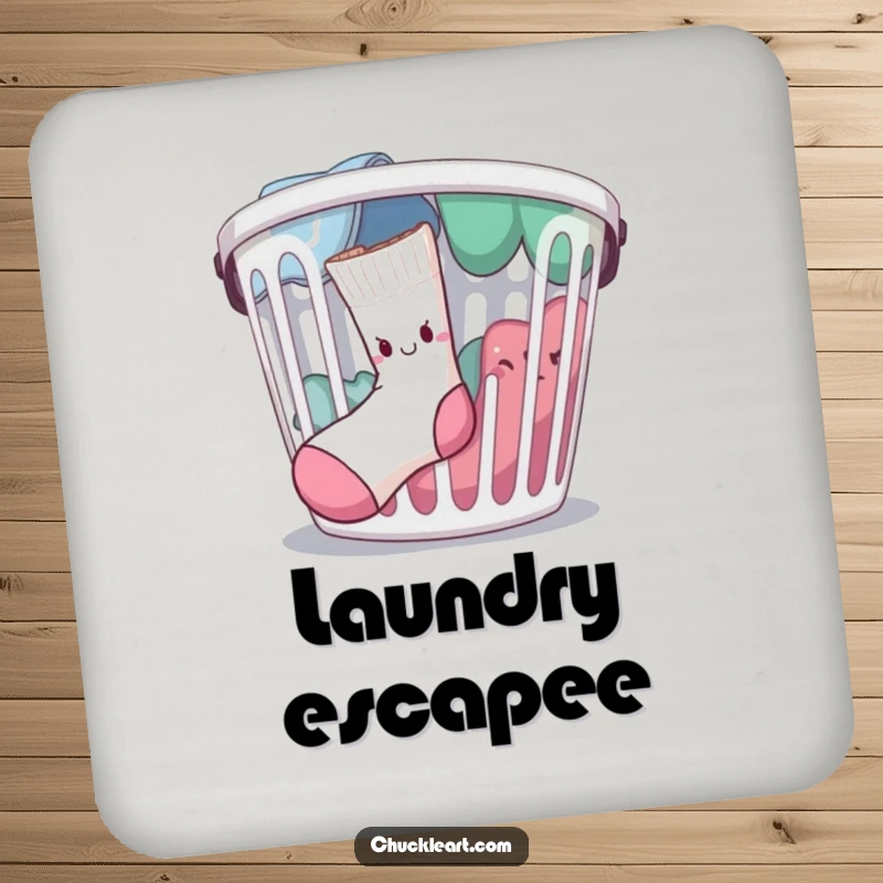 Funny determined sock escaping a laundry basket, on a drink coaster, a humorous table protector.