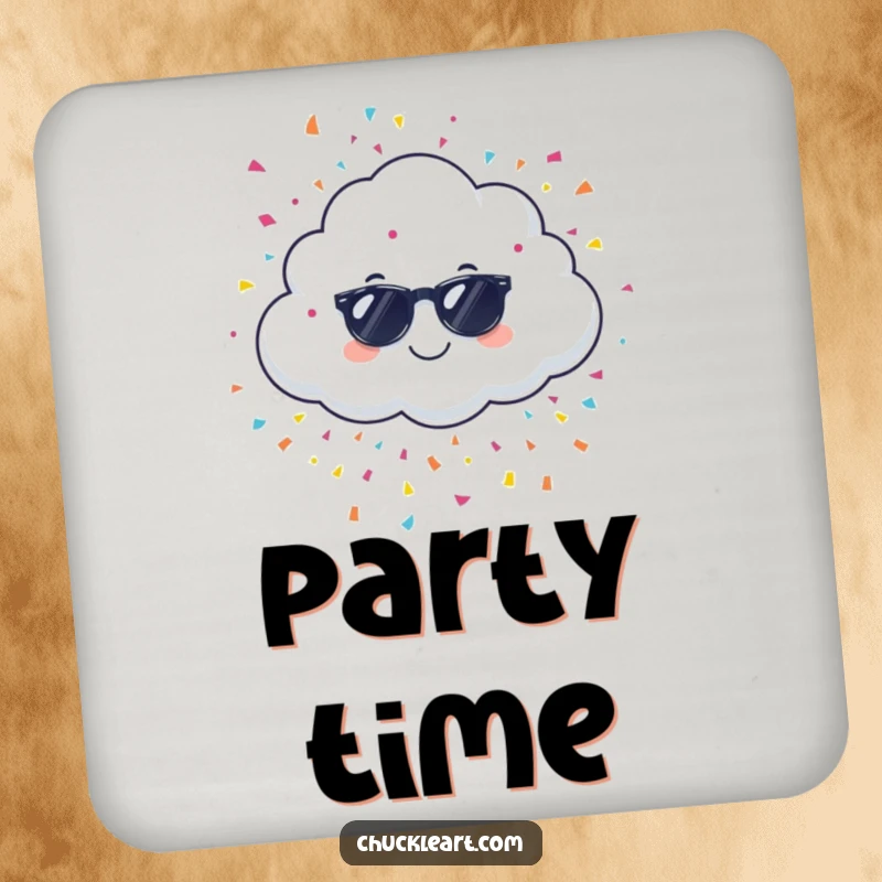Funny giggling cloud wearing sunglasses, raining confetti, on a drink coaster, a humorous table protector.