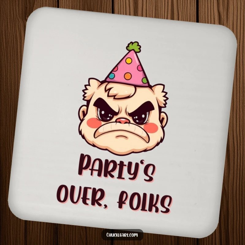 Funny drink coasters featuring a grumpy face humorously equipped with a silly party hat, protecting tables with irony.