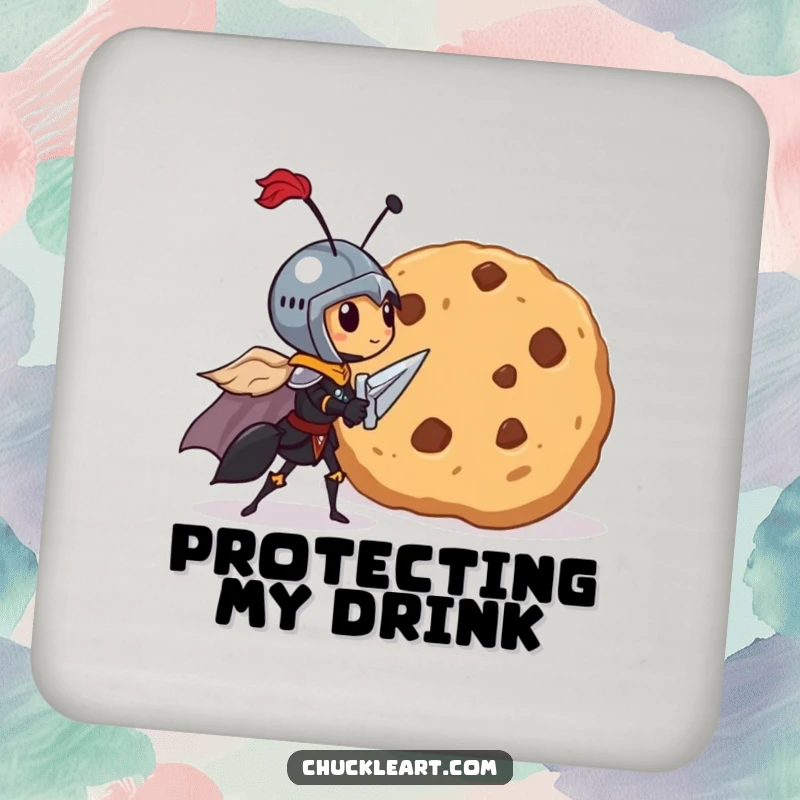 Funny coaster featuring a brave, tiny ant knight in armor heroically facing a giant cookie.