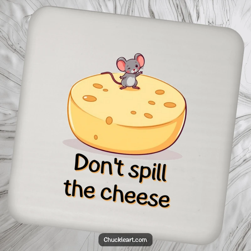 Funny drink coasters depicting a small mouse attempting to balance on a large, wobbly cheese wheel, protecting furniture humorously.