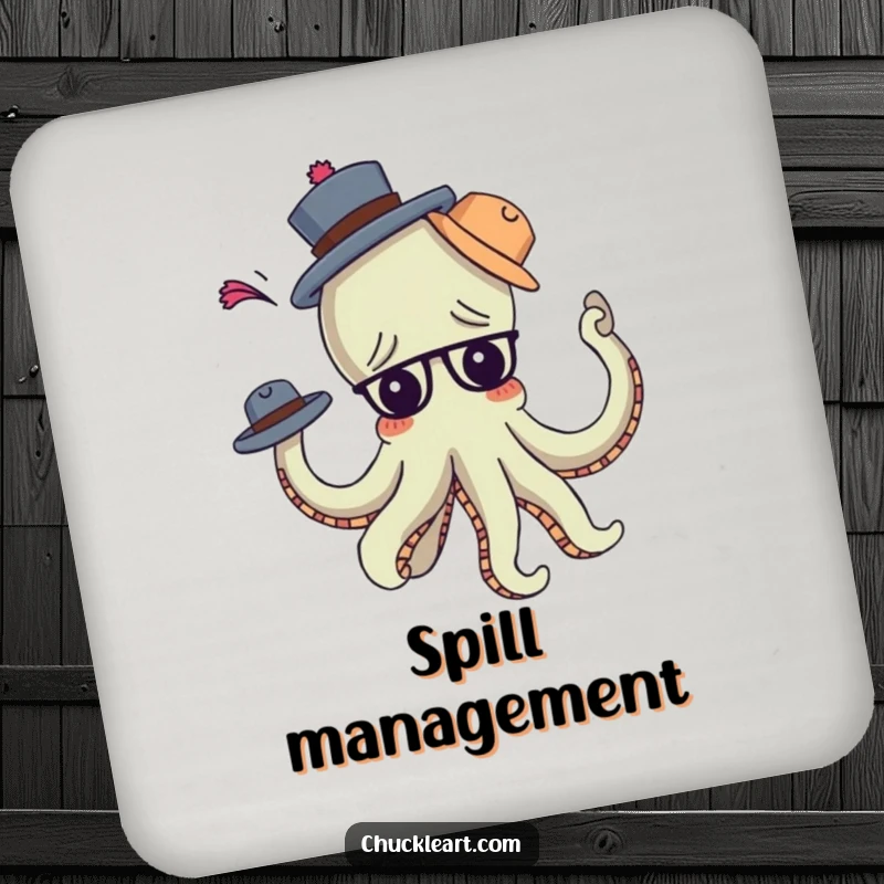 Funny confused octopus comically tangled in hats, on coasters, perfect for a funny gift.