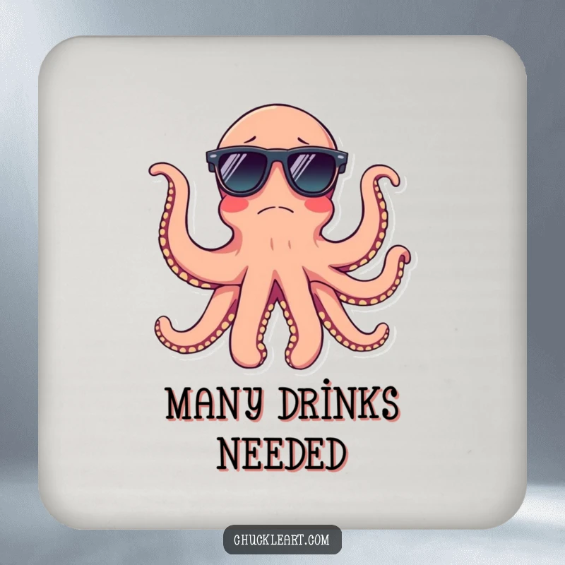 Funny octopus wearing sunglasses on multiple arms, on a coaster, for humorous surface protection.