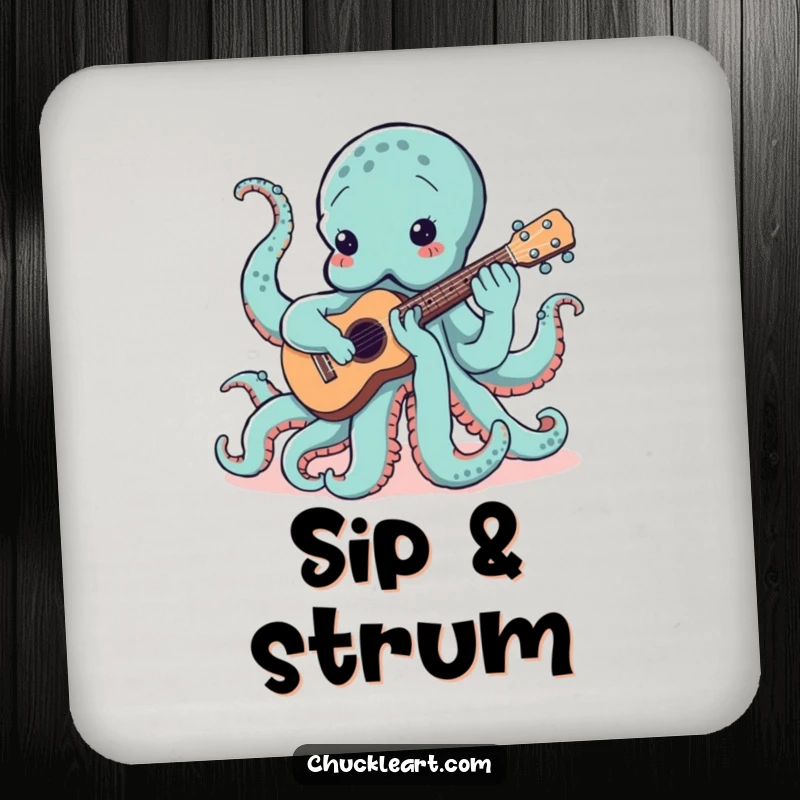 Funny drink coasters featuring an octopus comically struggling to play a ukulele, protecting surfaces with musical charm.
