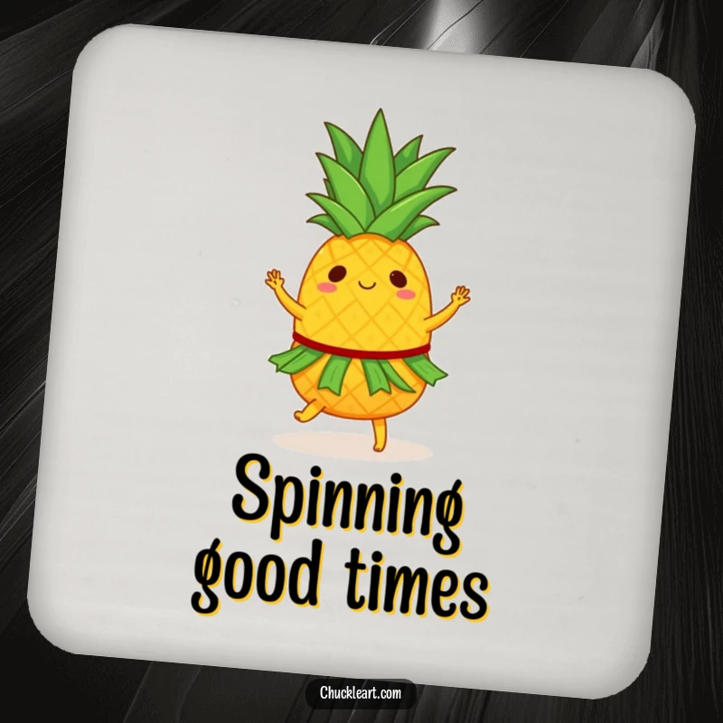 Funny coasters showcasing a dancing pineapple with a hula skirt, spinning joyfully, protecting surfaces with tropical vibes.