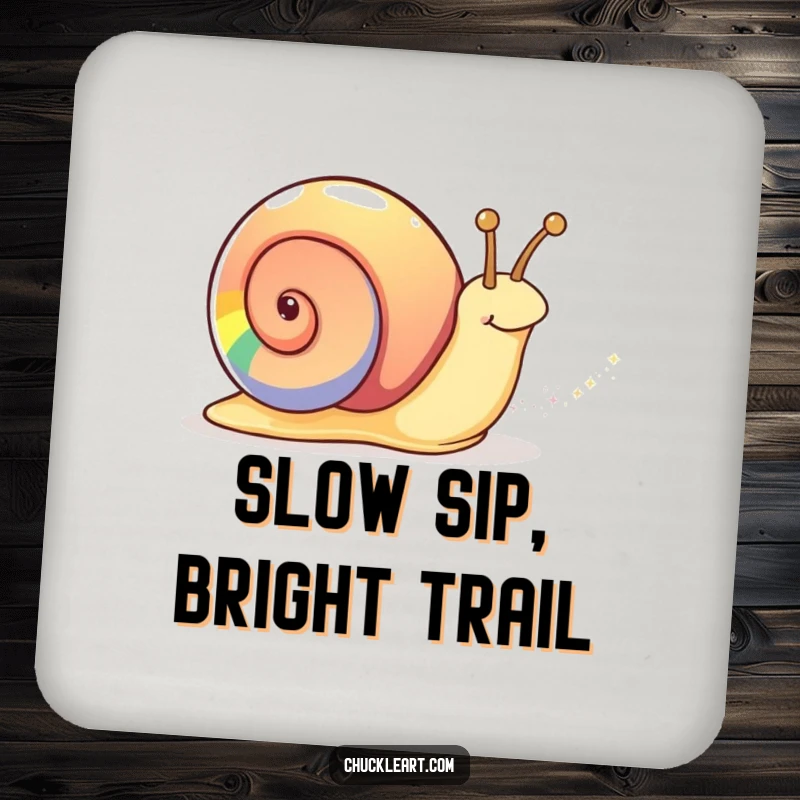 Funny rainbow snail coaster featuring a snail with a rainbow shell leaving a sparkly trail, protecting surfaces with magic.