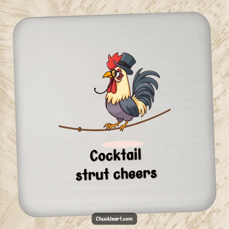 Funny coasters depicting a proud rooster in a monocle and top hat, confidently walking a tightrope.