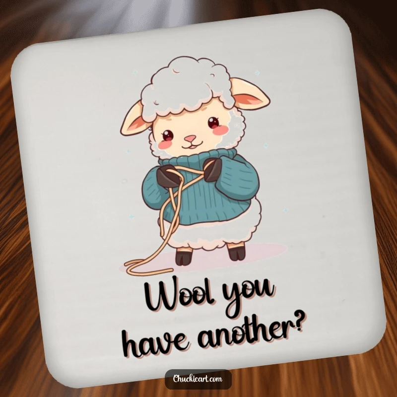 Funny coaster depicting a sheep hilariously tangled in yarn while attempting to knit, protecting surfaces with crafty charm.
