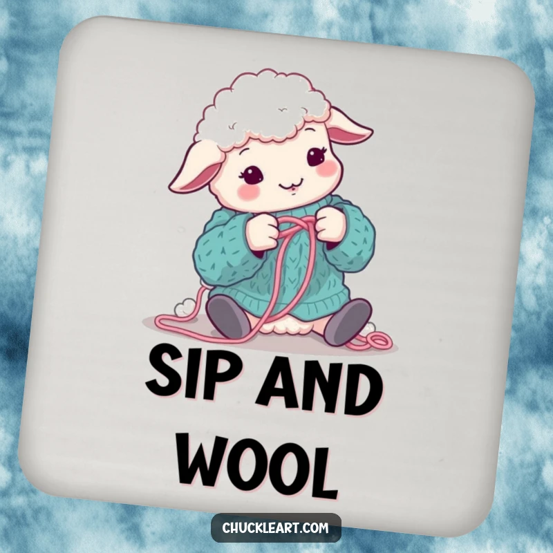 Funny sheep comically tangled in wool while attempting to knit, on coasters, perfect for a funny gift.