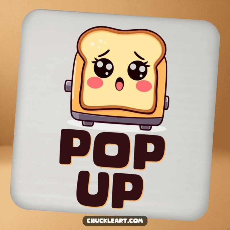 Funny shocked toast with eyes, popping out of a toaster, on a drink coaster, a humorous table protector.