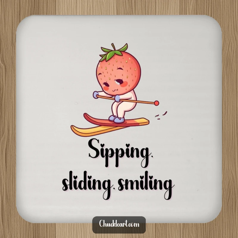 Funny skiing strawberry drink coaster, a determined berry on a breadstick ski, adding playful charm and surface protection.
