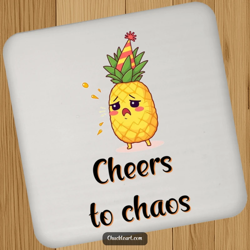 Funny pineapple wearing a party hat, accidentally spraying juice, a humorous and protective drink coaster.