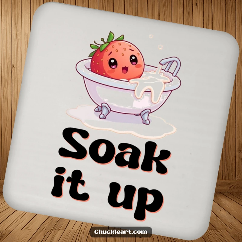 Funny coaster with a surprised strawberry in an overflowing milk bathtub, for protecting tables with humor.
