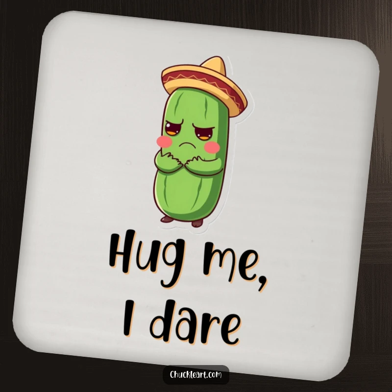 Funny coaster with a grumpy pickle in a sombrero being hugged, a humorous drink accessory.