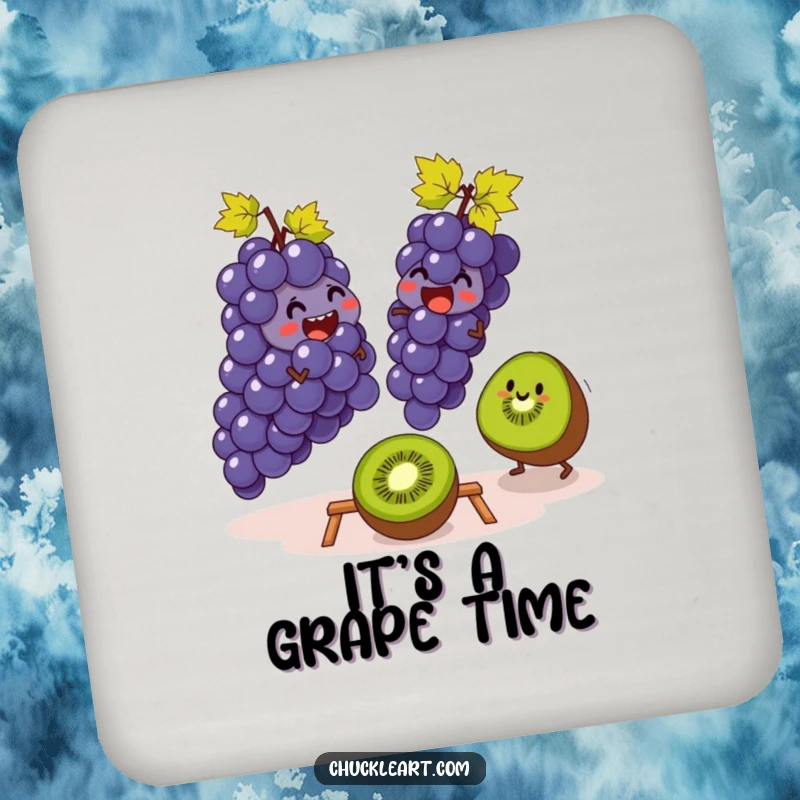 Funny drink coaster set with grapes and a kiwi playing leapfrog, protecting furniture with a dose of whimsical fruit humor.