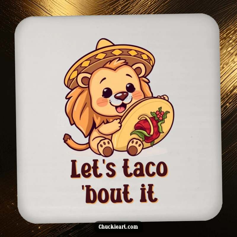 Set of funny drink coasters depicting a lion in a miniature sombrero attempting to eat a giant taco, protecting furniture with humor.