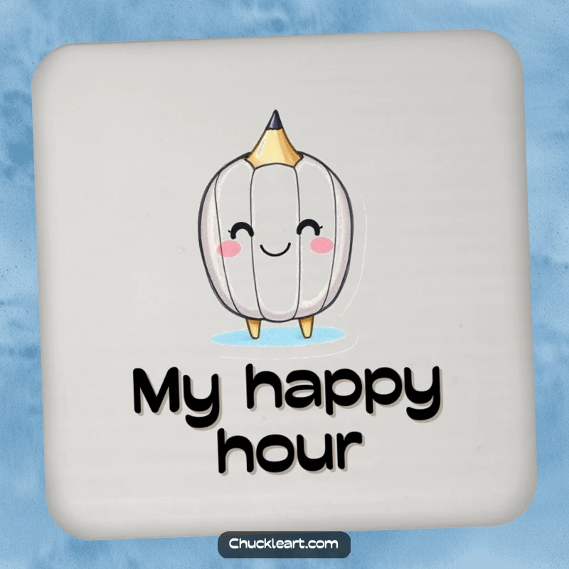 Funny drink coaster featuring a happy little pencil drawing a smiley face on itself, decorative and protective.