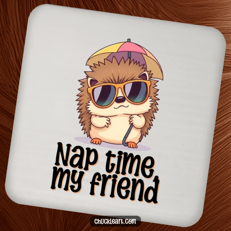 Funny coasters displaying a grumpy hedgehog in sunglasses, attempting to nap under a tiny umbrella, protecting surfaces with humor.