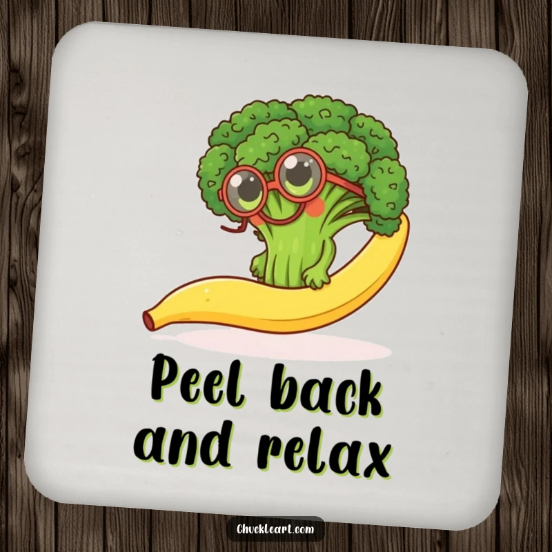 Funny drink coaster with a determined broccoli floret wearing a monocle, hilariously climbing a slippery banana peel, for surface protection.