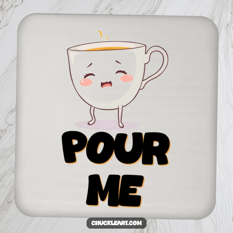 Funny bewildered teacup with legs, pouring a drink, on a drink coaster, a humorous table protector.
