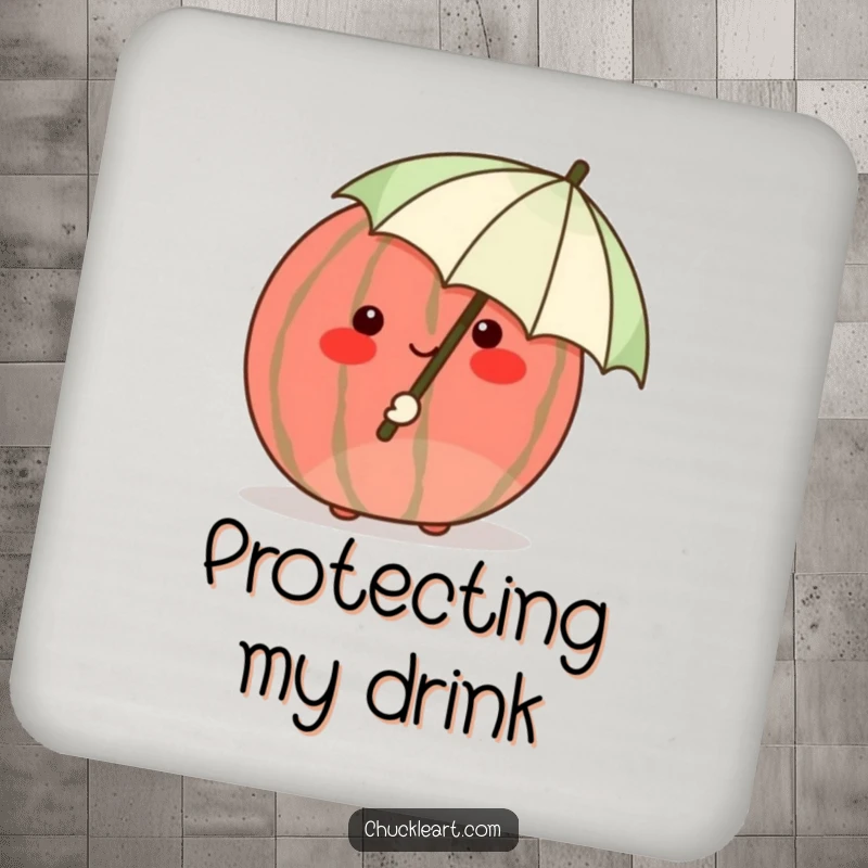 Funny shy watermelon blushing crimson, hiding behind a tiny umbrella, a humorous and protective drink coaster.