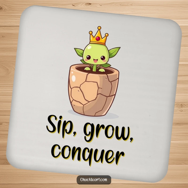 Set of coasters featuring a proud little sprout wearing a crown, sprouting from a cracked pot, symbolizing resilience.