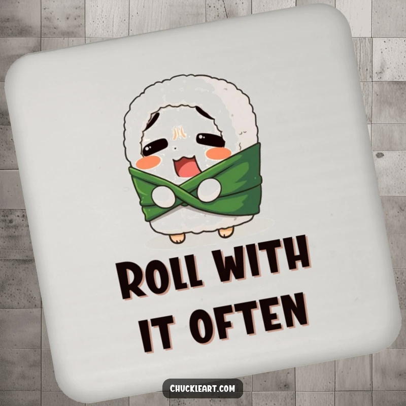 Funny drink coaster set with a confused sushi roll trying to tie its seaweed belt, protecting furniture with a dose of Japanese food humor.