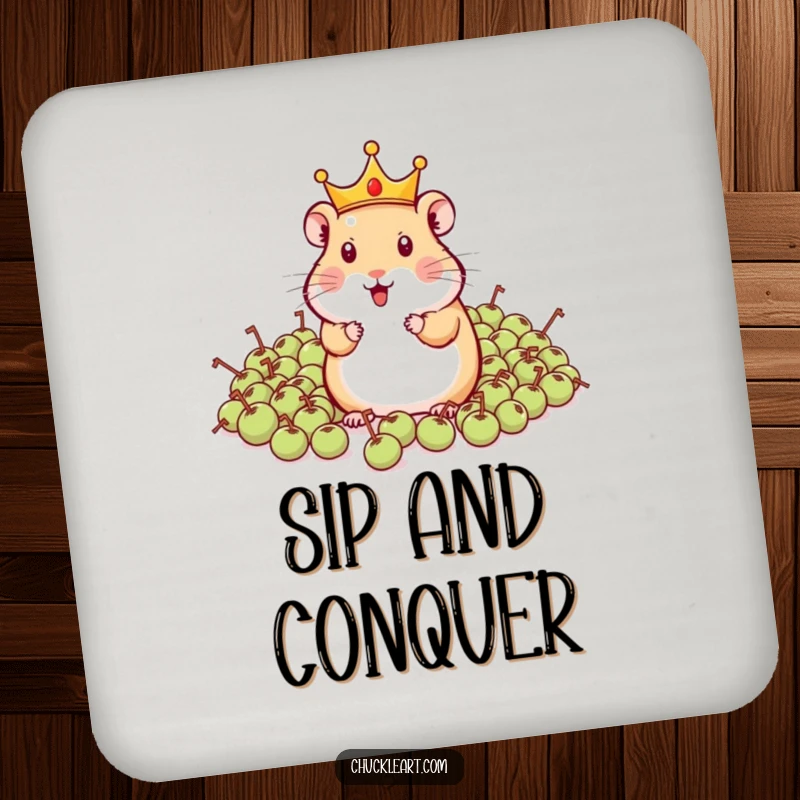 Funny hamster wearing a crown, commanding peas on a drink coaster, protecting surfaces with quirky pet humor.