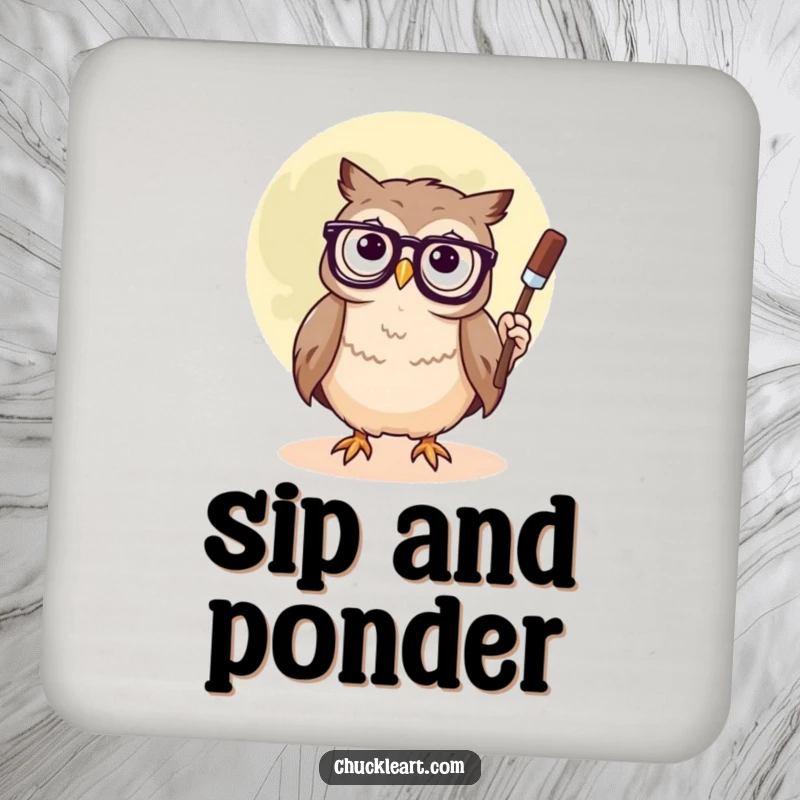 Funny drink coaster featuring a confused owl with glasses, painting a smiley face on the moon, protecting surfaces with artistic charm.