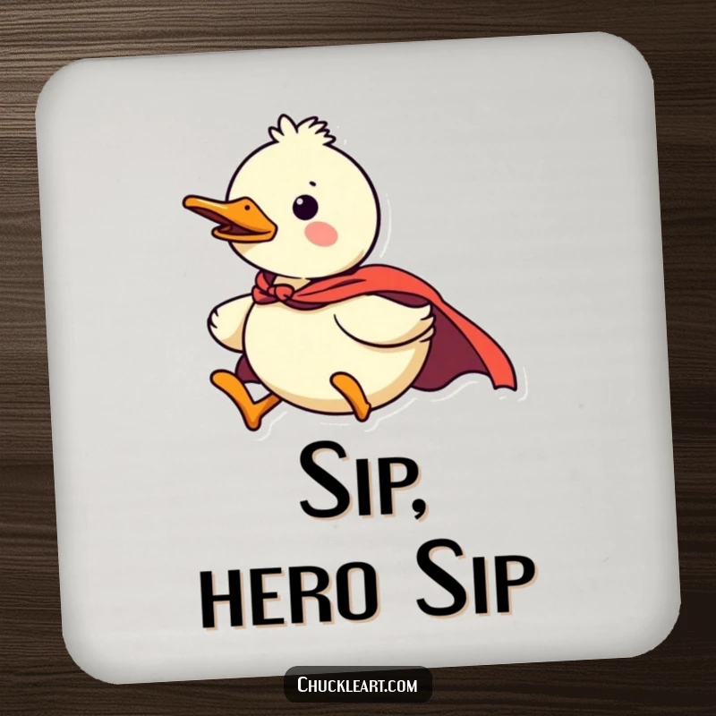 Funny duck superhero coasters, confident and protective, flying with a tiny cape, a humorous and practical home accessory gift.