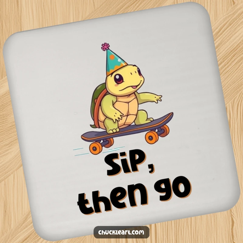 Funny turtle in a party hat humorously attempts skateboard speed, on coasters, perfect for a funny gift.