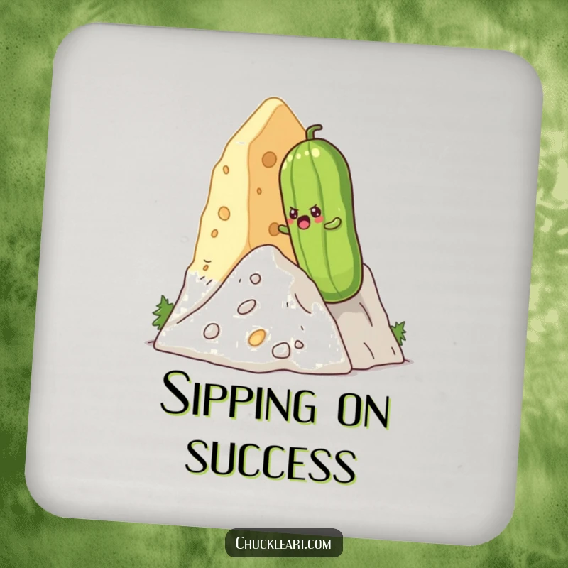 Funny determined pickle climbing a giant cheese mountain, printed on a protective and funny drink coaster.