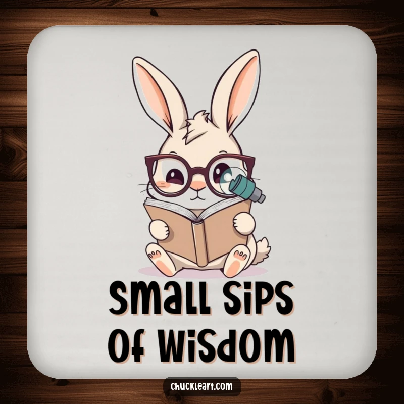 Funny rabbit drink coaster depicting a rabbit wearing oversized spectacles reading a microscopic book, perfect for protecting surfaces with scholarly humor.