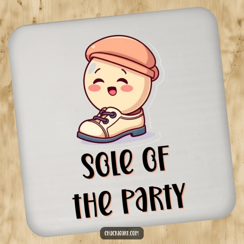 Funny coaster featuring a giggling button character humorously wearing a hat as a shoe, adding a playful touch to any surface.
