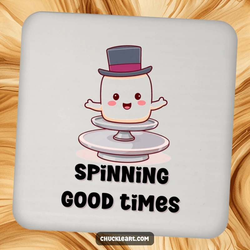 Funny marshmallow in a top hat attempts to balance on a spinning plate, a humorous coaster for drinks.
