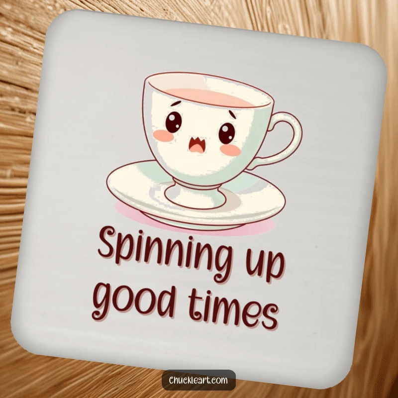 Funny spinning teacup drink coaster, a surprised porcelain cup in mid-whirl, adding playful charm and surface protection.