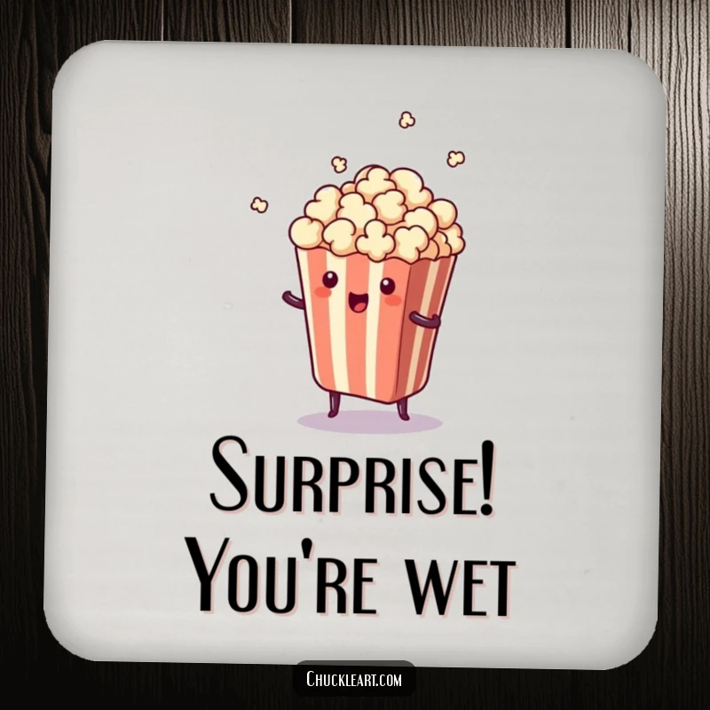 Funny drink coasters showcasing a piece of popcorn comically jumping out of its bag, protecting surfaces with humor.