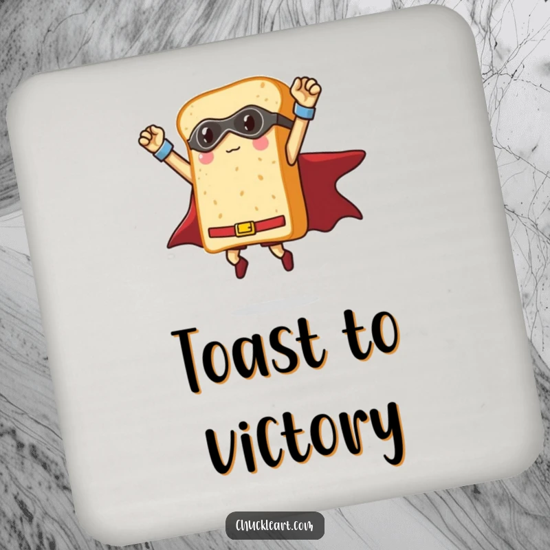 Funny loaf of bread dressed as a superhero striking a triumphant pose mid-air, a humorous drink coaster for food settings.