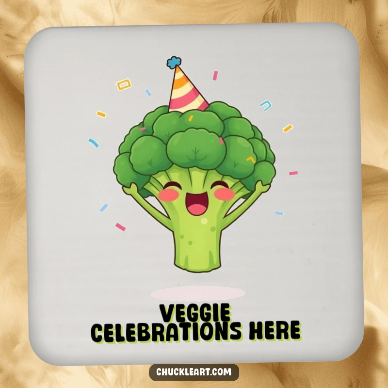 Funny broccoli coaster featuring a cheerful broccoli wearing a party hat and confetti, adding humor to drink service.