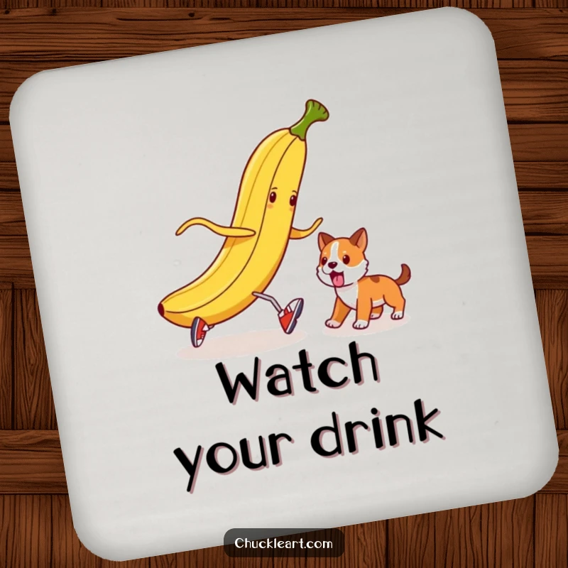 Funny banana peel wearing shoes plotting to trip a dog, on a coaster for humorous protection.