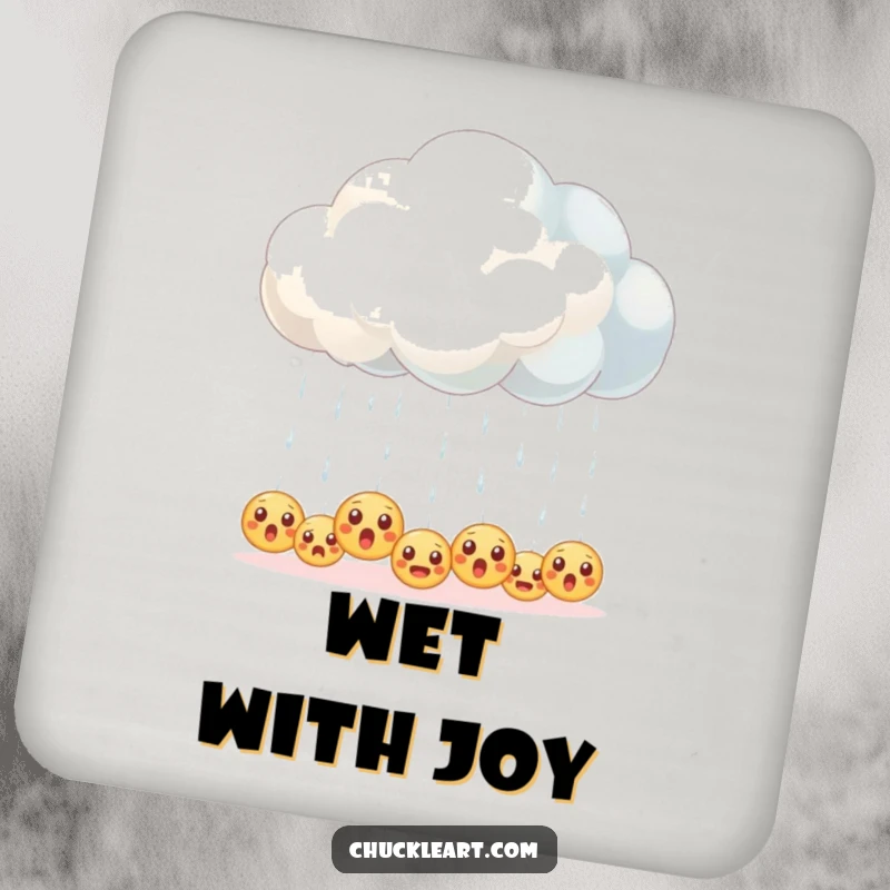 Funny drink coaster illustrating a fluffy cloud accidentally raining tiny, surprised emoji faces.