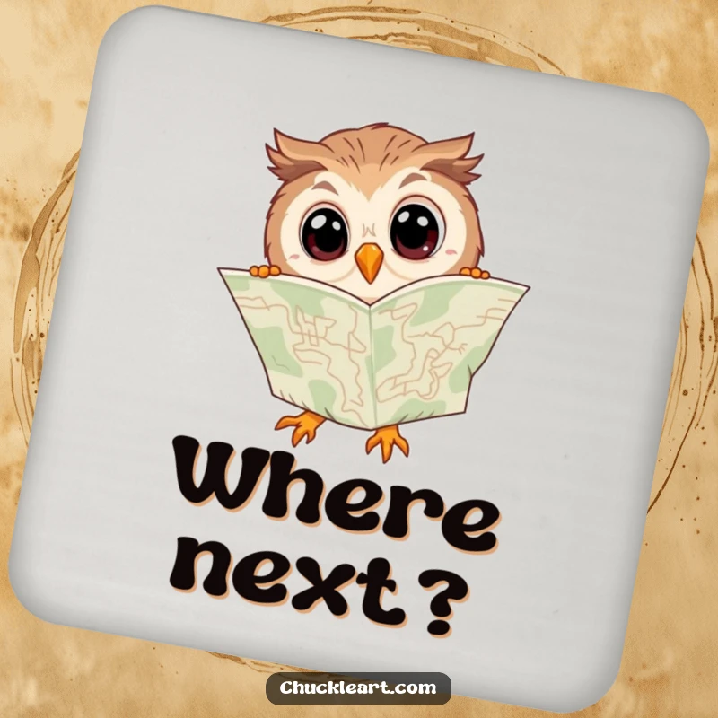 Funny drink coaster illustrating a clumsy owl with wide eyes, attempting to read a map upside down.