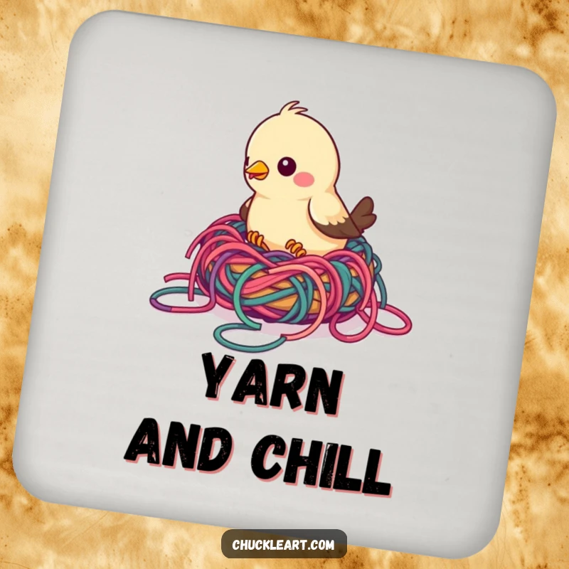 Funny bird drink coaster depicting a bird building a nest with colorful, tangled yarn, perfect for protecting surfaces with crafty humor.